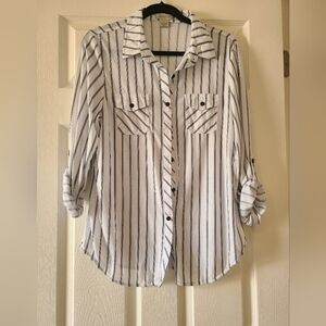 Women's Passport Black Stripe Button Down Shirt